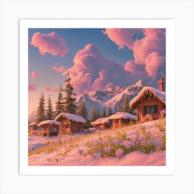 Mountain village snow wooden huts 15 Art Print