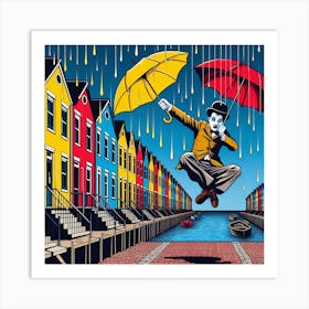 Charlie Chaplin flying with umbrellas Art Print