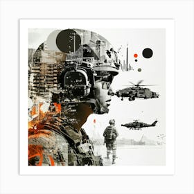 Soldier In Front Of A Helicopter Collage Art Print