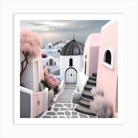 Santorini Village Pink Landscape Art Print