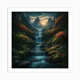 Waterfall In The Mountains Art Print