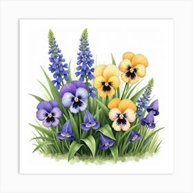 Watercolor Violets And Pansies In A Lush Garden Setting Art Print