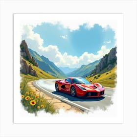 A Vibrant Ferrari Speeding Down A Watercolor Mountain Road 1 Art Print