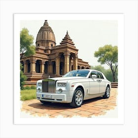 Luxury Car In Front Of An Ancient Temple, Watercolor Painting 1 Art Print