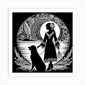 Boho art Silhouette of woman with dog Art Print