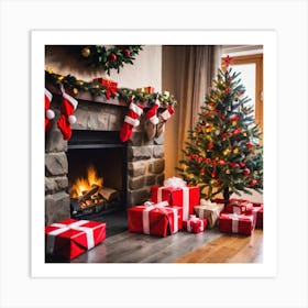 Christmas Presents Under Christmas Tree At Home Next To Fireplace (18) Art Print