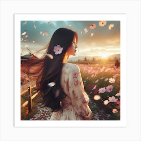 Asian Girl In Flower Field Art Print