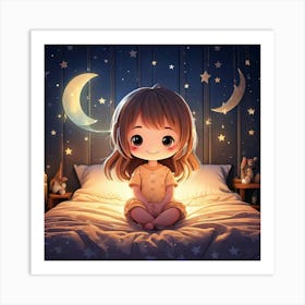 Firefly Chibi, Cute, Folded Hands, Eyes Closed, Smiling, Sitting, Bed, Edge, Stars, Moon, Decoration (9) Art Print