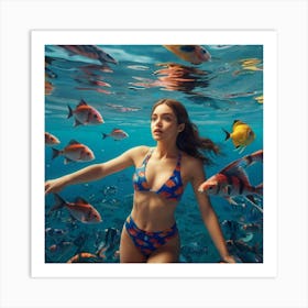 Beautiful Woman Surrounded By Fish Art Print