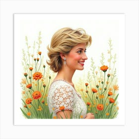 Watercolor Portrait Of Princess Diana Amidst A Field Of Wildflowers 1 Art Print