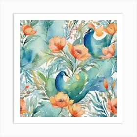 Watercolor Peacocks Art Print