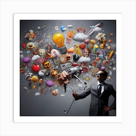 Businessman With A Brain Full Of Icons Art Print