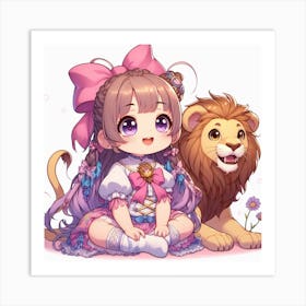 Cute Anime Girl With Lion Art Print