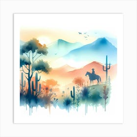 Watercolor Cowboy Landscape Art Print