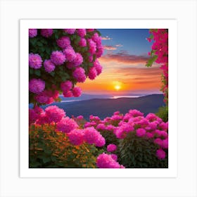 Pink Flowers Sunset Read Shade Flowers Blue Sky Beautiful Location Sunset View Wall 1 Art Print