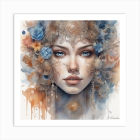 Woman With Flowers On Her Head Art Print