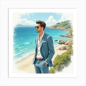 Sophisticated Man In Watercolor Attire, Stunning Coastal View 1 Art Print