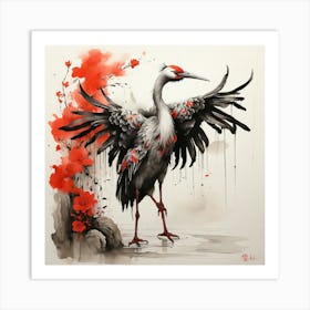 Crane With Red Flowers Art Print