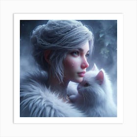 Snow Girl With Cat Art Print