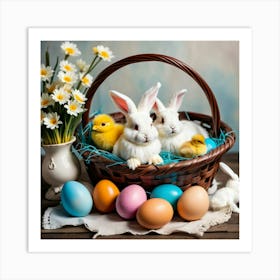 Photo of Easter bunnies and chicks in a brown basket, with dyed eggs, with a flower bouguet nearby Póster