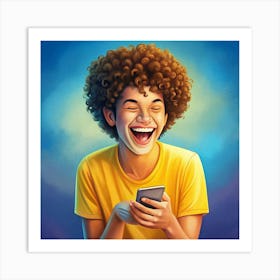 A Young Man With Curly Hair Laughs While Looking At His Smartphone Art Print