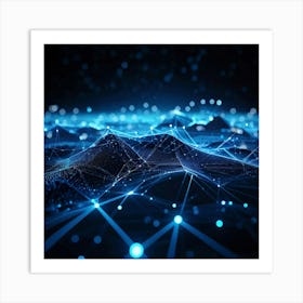 Abstract Geometric Network Tangled In Glowing Blue Lines And Dots Forming Wave Like Patterns And Po (1) Art Print