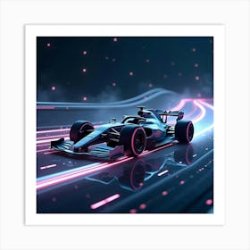 Futuristic Formula Car On A Glowing Racetrack Floating In Space With Stars Around 1 Art Print