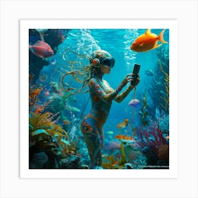 Surreal Digital Art Of A Creature Morphing Into An Aquatic Futuristic Smartphone Whimsical Vibrant Art Print