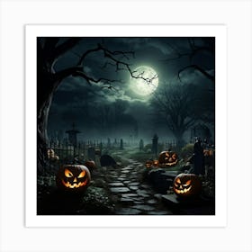 Art Landscape Pumpkin Holiday Design Halloween Fear Moon Skittish Green Grave Dark Scene (28) Art Print