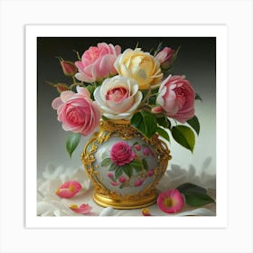 Antique fuchsia jar filled with purple roses, willow and camellia flowers 8 Art Print