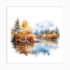 Watercolor Of Autumn Trees On The Lake Art Print