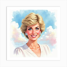 Watercolor Portrait Of Princess Diana Smiling With Bright Pastel Clouds 1 Art Print