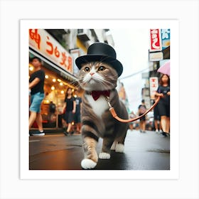 A Cat Walking On A Leash Down A Busy Street While Wearing A Top Hat And Looking Very Pleased With Itself 1 Art Print