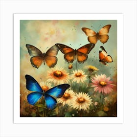 Three Butterflies And Flowers Art Print