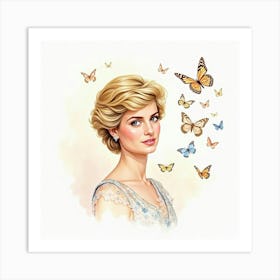 Princess Diana In A Watercolor Scene With Delicate Butterflies 1 Art Print