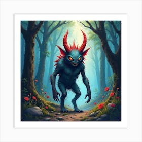 Monster In A Watercolor Mystical Forest, Vibrant And Eerie 1 Art Print