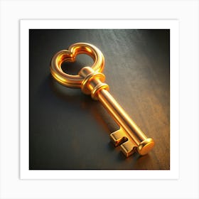 A Golden Key With A Heart Shaped Bow Art Print