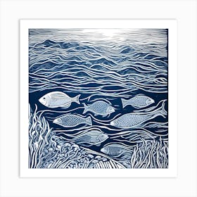 Linocut Fish In The Sea 1 Art Print