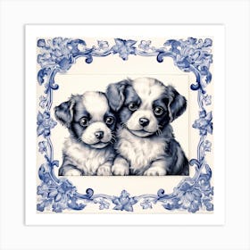 Puppies Dog Delft Tile Illustration 3 Art Print