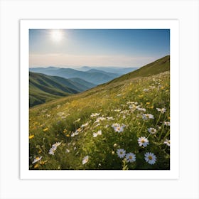 A Lush Green Mountain Filled With Blooming Wildflowers Basks In Warm Sunlight Under A Clear Blue Sky, Its Natural Beauty Portrayed Serenely 1 Art Print