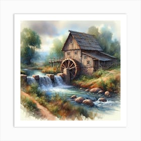 Watermill By The Stream Art Print