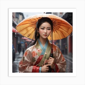 A Chinese Woman In A Rainfalls Art Print
