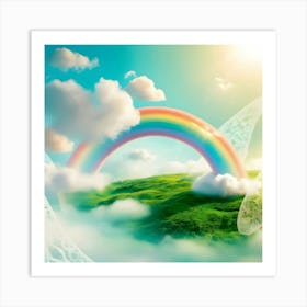 A Vibrant, Multicolored Rainbow Bridges The Turquoise Sky And Lush, Emerald Green Landscape, With Soft, Wispy Clouds Scattered Across The Heavens, Radiating A Warm, Golden Light That Illuminates The Dreamy, Ethereal Atmosphere Art Print