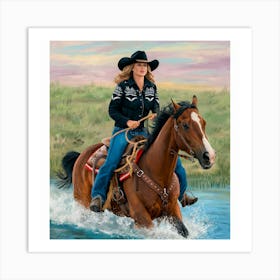 Cowgirl Riding Horse Art Print