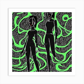 Two Women In Black And Green Art Print