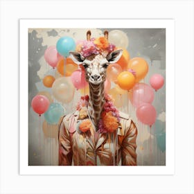 portrait Giraffe With Balloons Art Print