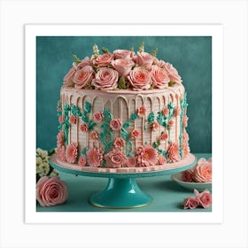 Pink Roses On A Cake Art Print