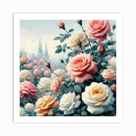 Roses In The Garden, Watercolor Style Painting Art Print