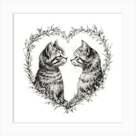 Delicate Ink Drawing of Cats Love Heart 13 Art Print