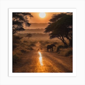 Sunset Elephants Art Print